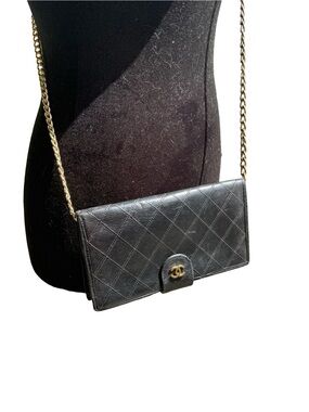 Vintage Series 3 Chanel Quilted Black Leather Wallet + Unbranded Crossbody Chain